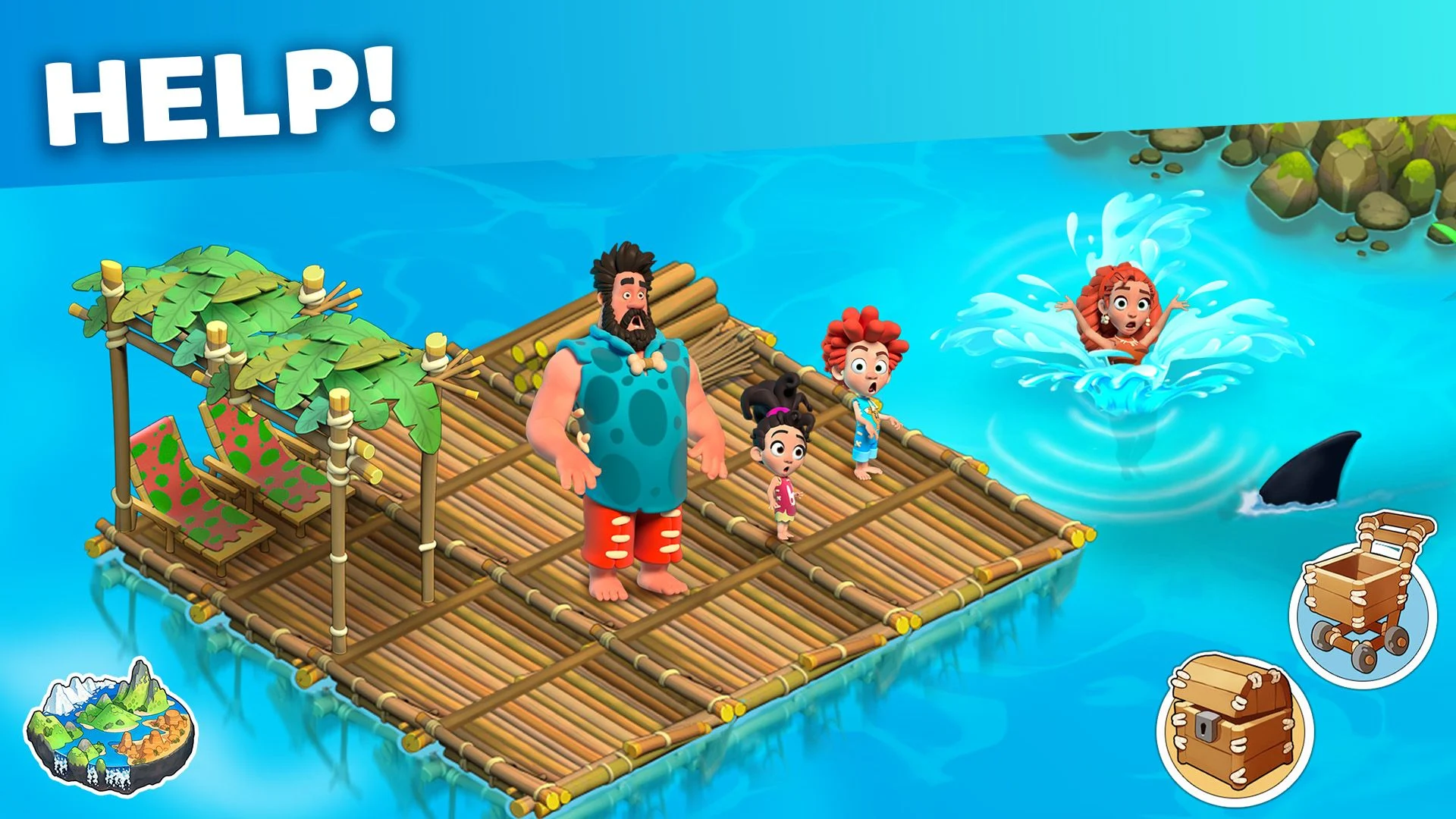 A vibrant tropical island scene from Family Island showing a happy family and farm elements.